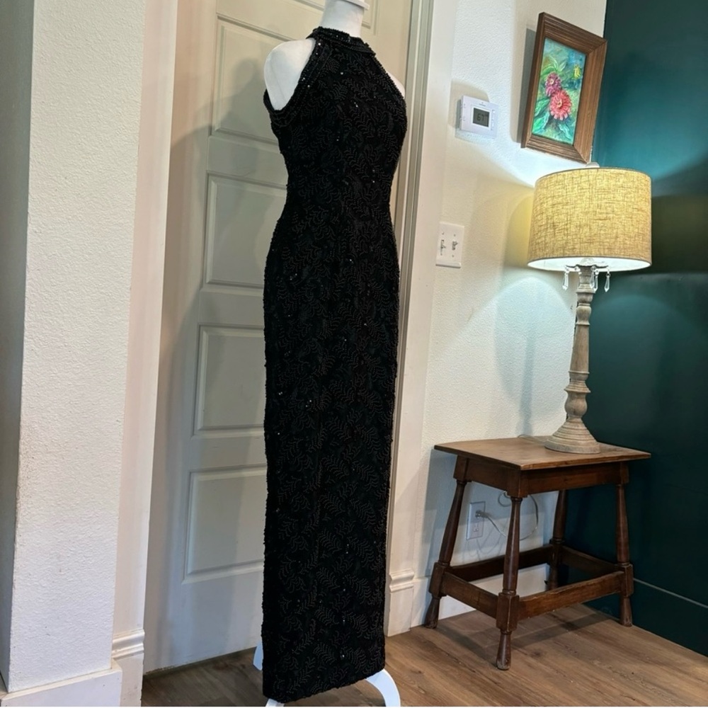 Vintage Black Beaded Formal Gown High Neck Sleeveless Maxi Dress